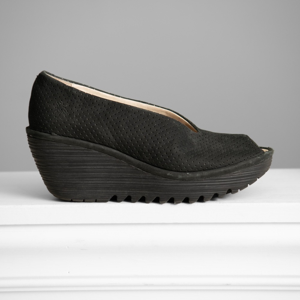 Fly London Black Perforated Suede Peep Toe Wedge Platform Shoes Edgy Minimalist
